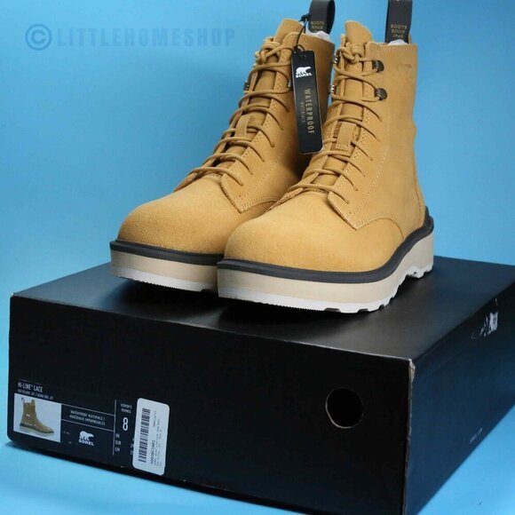 NWT! Sorel Hi-Line Lace Waterproof Boot in Geo Yellow, Jet, Size 8 - Picture 2 of 9